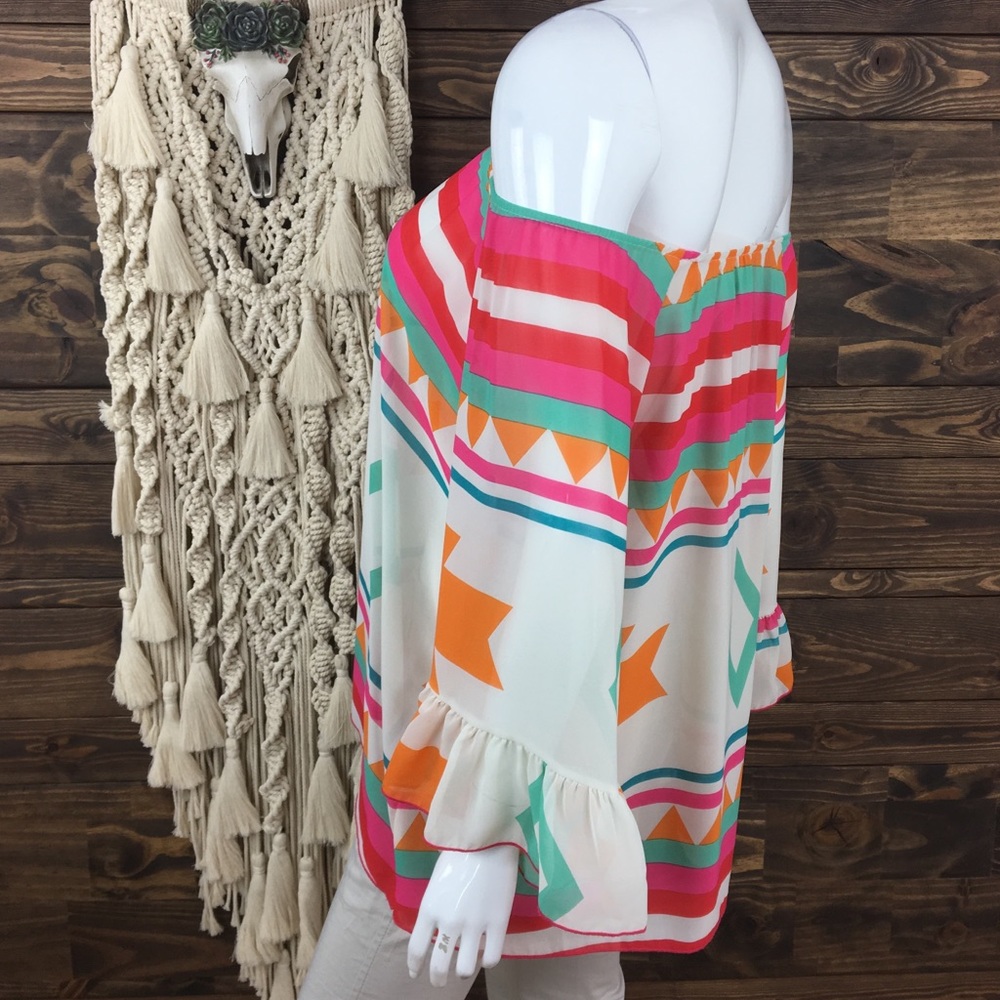 R Rouge | Aztec Sheer Ruffle Bell Sleeve Blouse - Picture 3 of 8